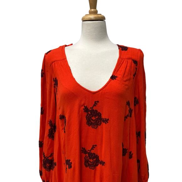 Free People Emma Swing Mini Dress Sz Sm Orange Embroidered Floral Boho Fall - Picture 2 of 13